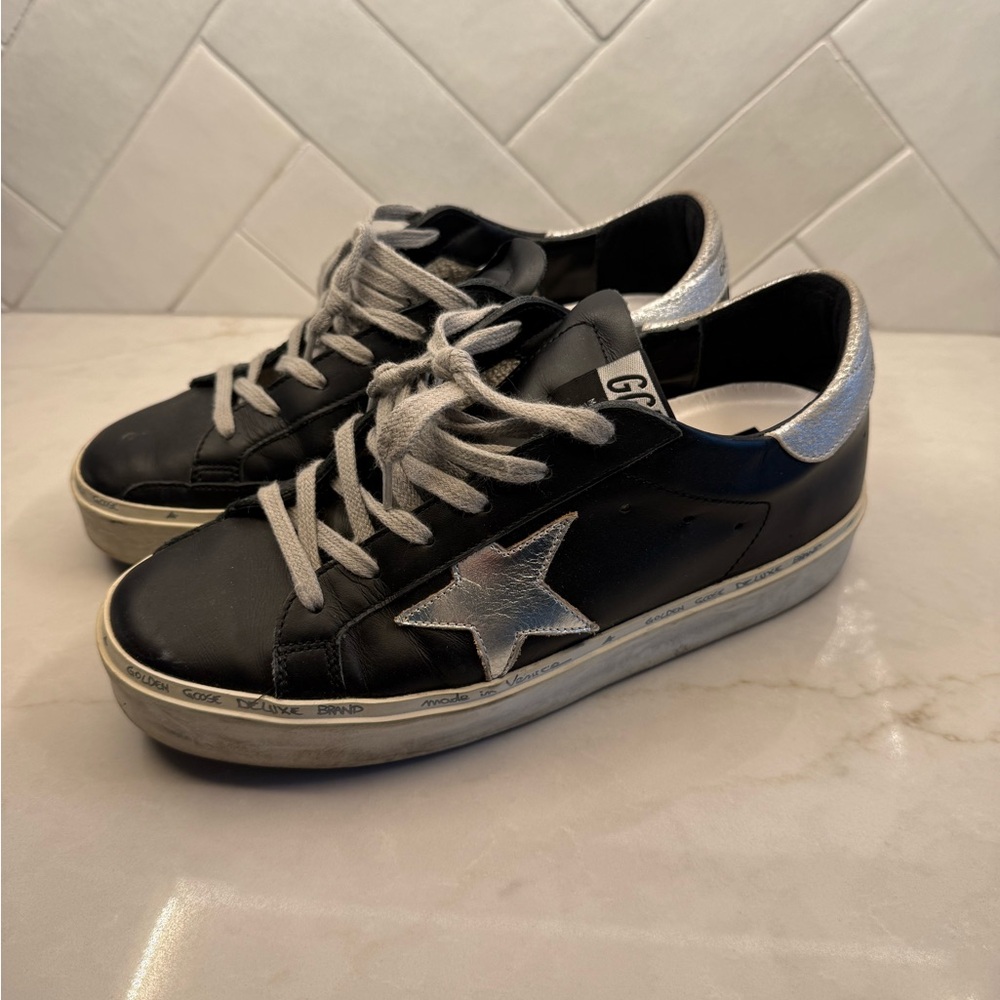 Golden Goose Hi Star Black Leather Sneakers with Silver Star Accent Size 38